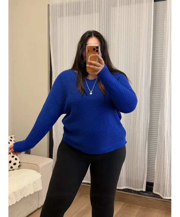 V Yaka Esnek Selanik Triko Bluz - Mavi