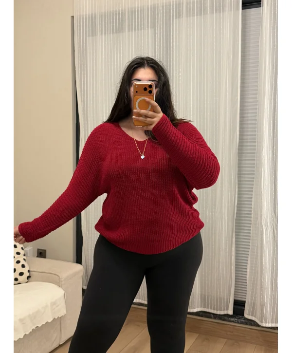 V Yaka Esnek Selanik Triko Bluz - Kırmızı