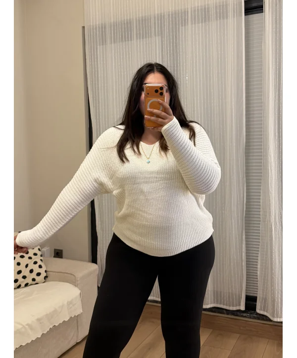 V Yaka Esnek Selanik Triko Bluz - Beyaz