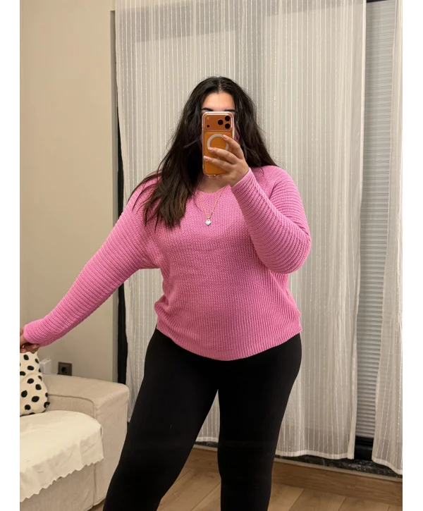 V Yaka Esnek Selanik Triko Bluz - Pembe