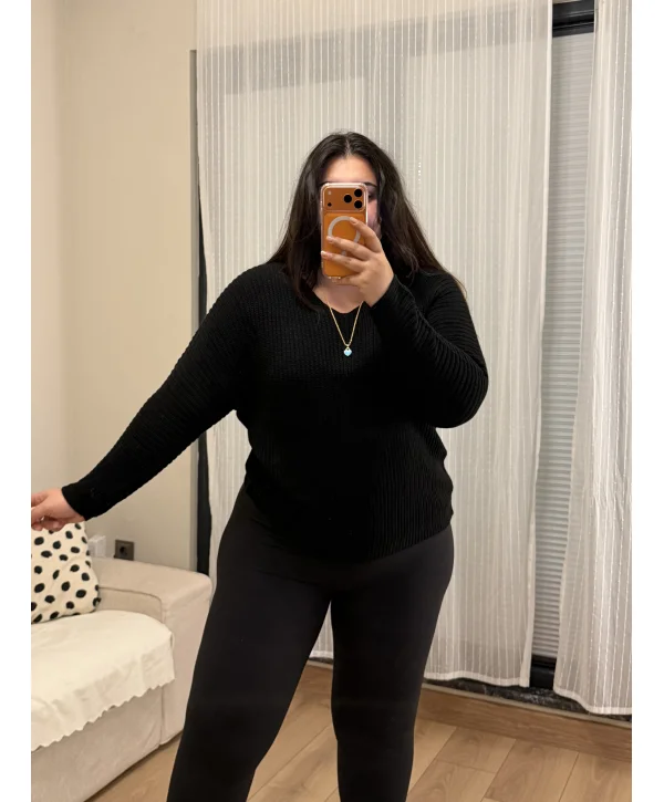 V Yaka Esnek Selanik Triko Bluz - Siyah