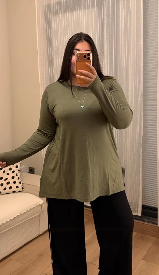 Basic Asimetrik Modal Kumaş Esnek Bluz - Haki