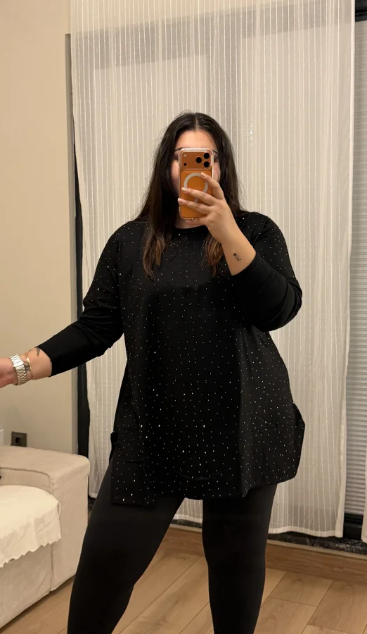 Modal Kumaş Esnek Taş Detaylı Bluz - Siyah