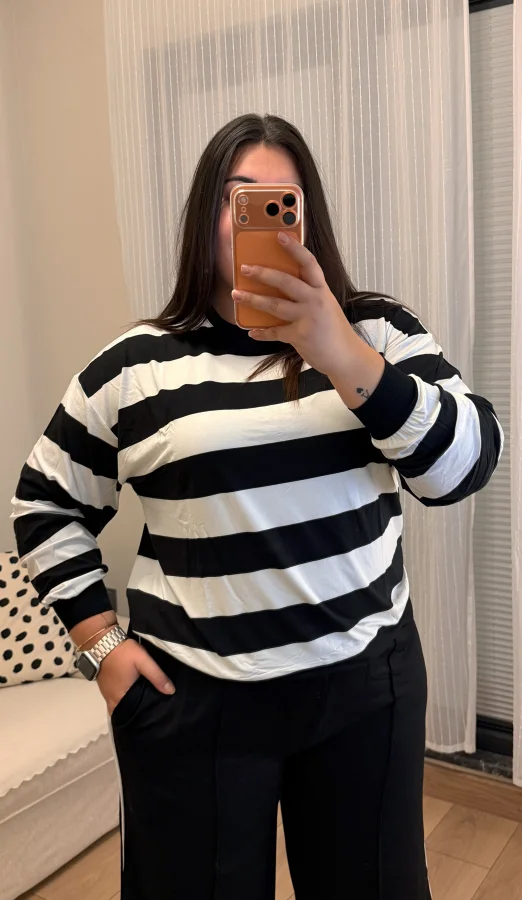 Oversize Pamuklu Penye Bluz - Çizgili
