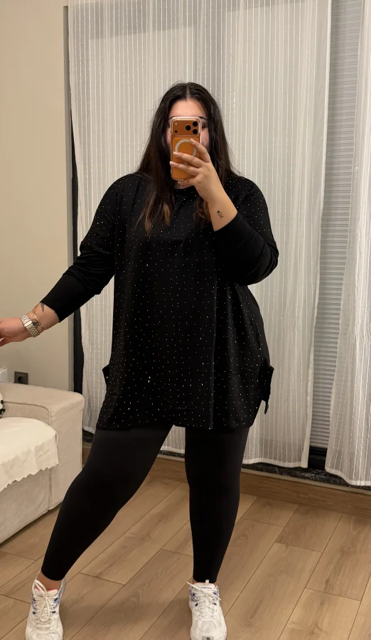 Modal Kumaş Esnek Taş Detaylı Bluz - Siyah