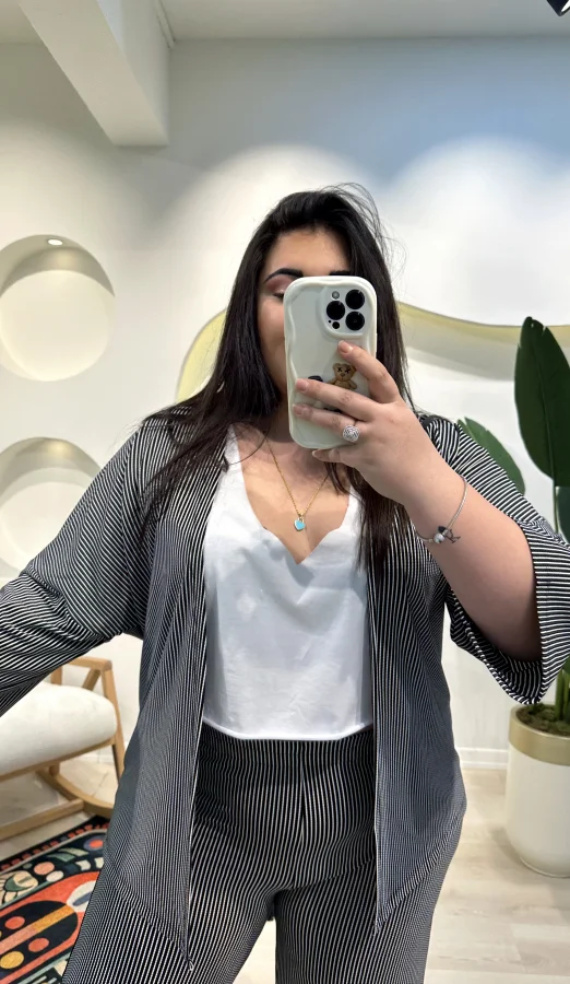 Geniş Kesim Bürümcük Palazzo Takım - Siyah Çizgili