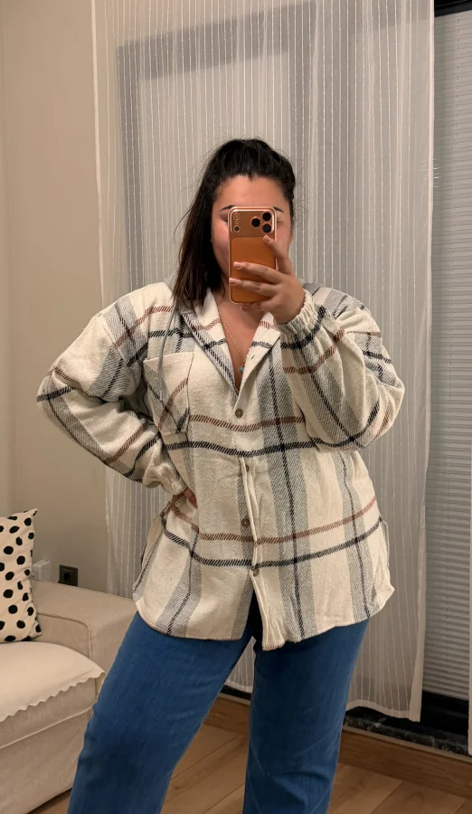 Geniş Kesim Kapüşonlu Oduncu Gömlek - Beyaz