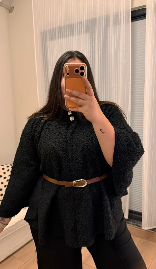 Geniş Kesim Kemerli Buklet Panço - Siyah