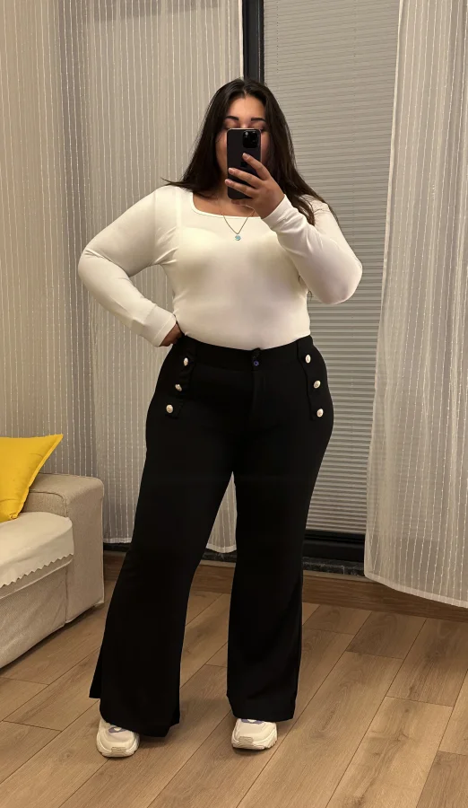 İspanyol Paça Düğme Detaylı Esnek Pantolon - Siyah