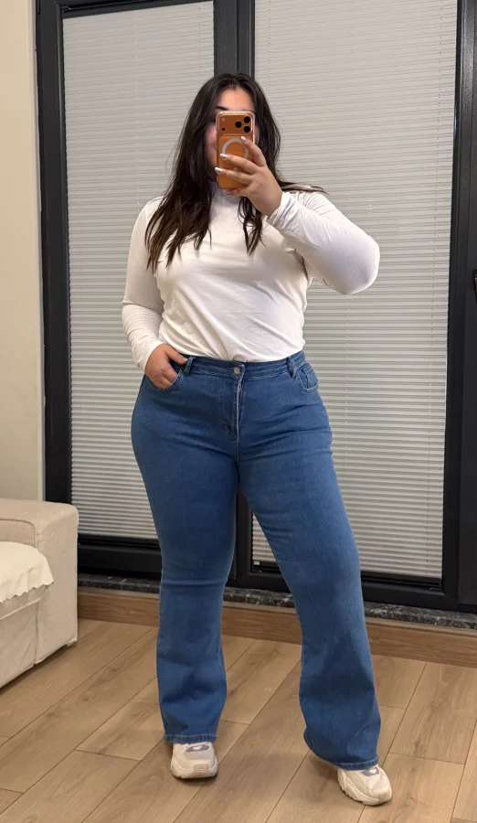 İspanyol Paça Yüksek Bel Likralı Kot Pantolon - Açık Mavi