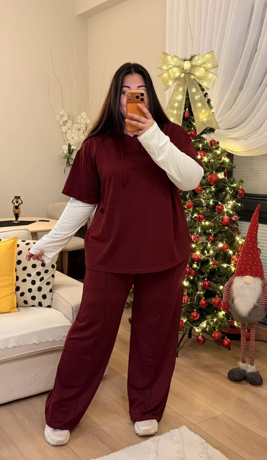 Kolları Parçalı Modal Kapüşonlu Takım - Bordo