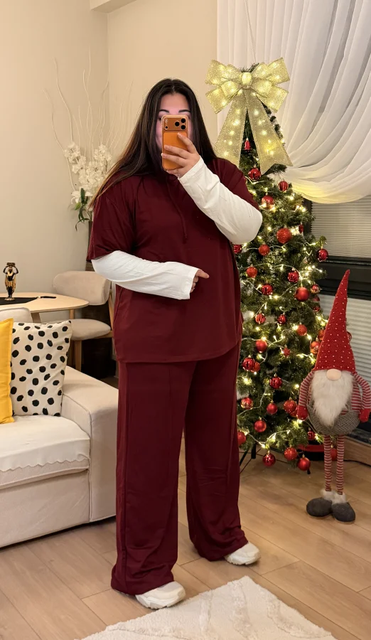 Kolları Parçalı Modal Kapüşonlu Takım - Bordo