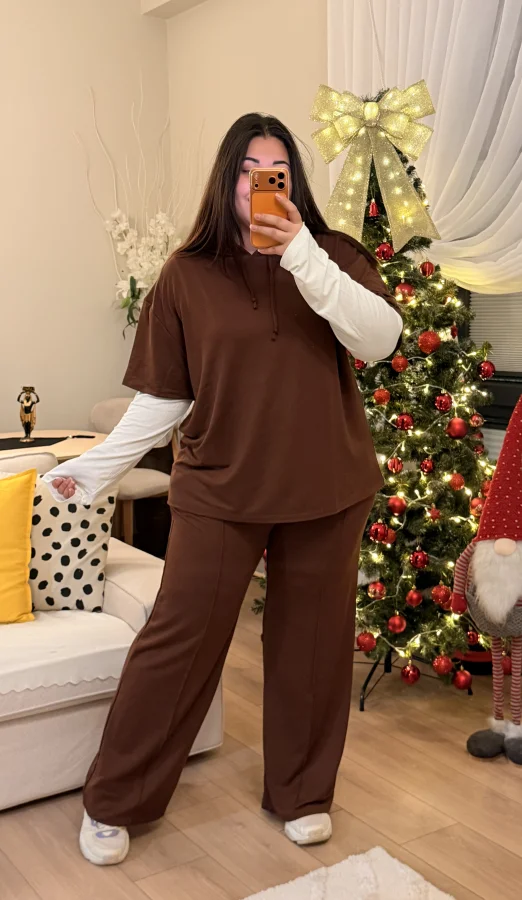 Kolları Parçalı Modal Kapüşonlu Takım - Kahverengi