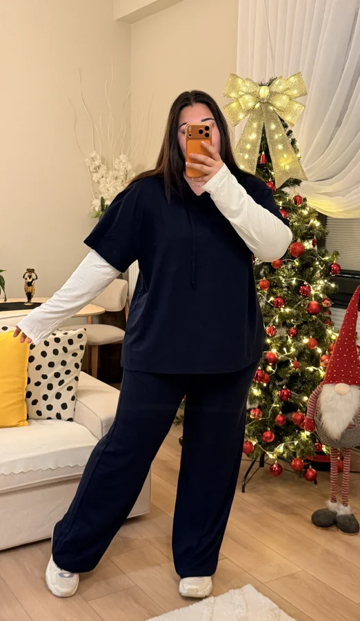 Kolları Parçalı Modal Kapüşonlu Takım - Lacivert