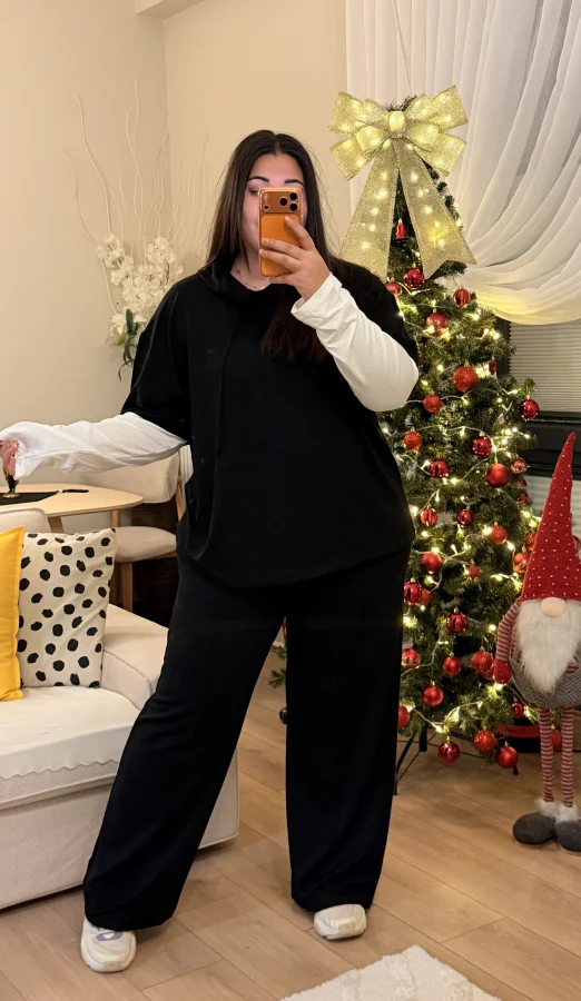 Kolları Parçalı Modal Kapüşonlu Takım - Siyah