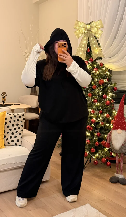 Kolları Parçalı Modal Kapüşonlu Takım - Siyah