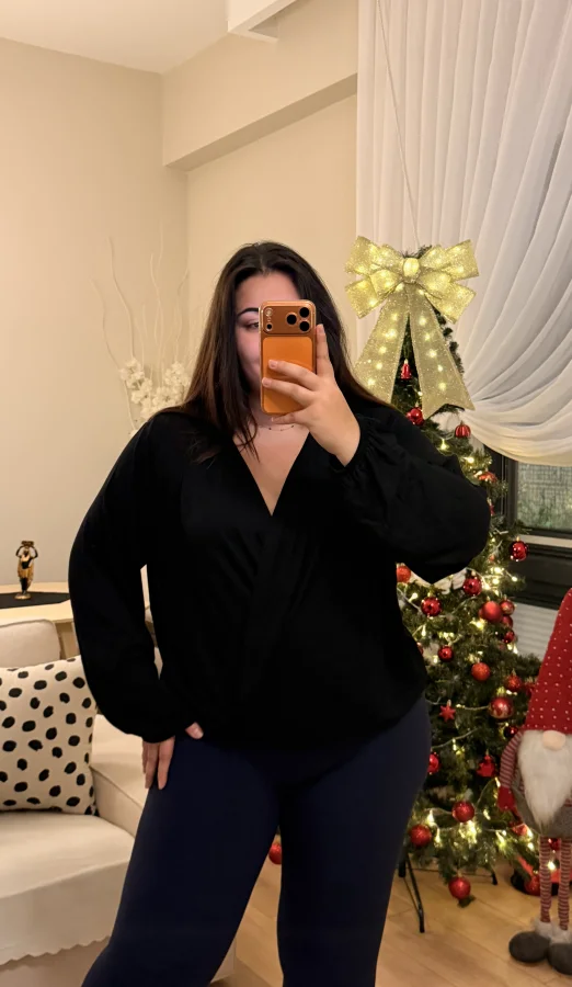 Kruvaze Yaka Lastikli Modal Karışımlı Bluz - Siyah