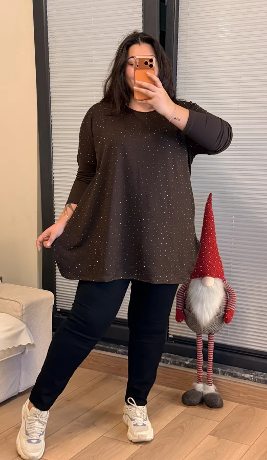 Modal Kumaş Esnek Taş Detaylı Bluz - Kahverengi