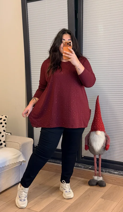 Modal Kumaş Esnek Taş Detaylı Bluz - Bordo