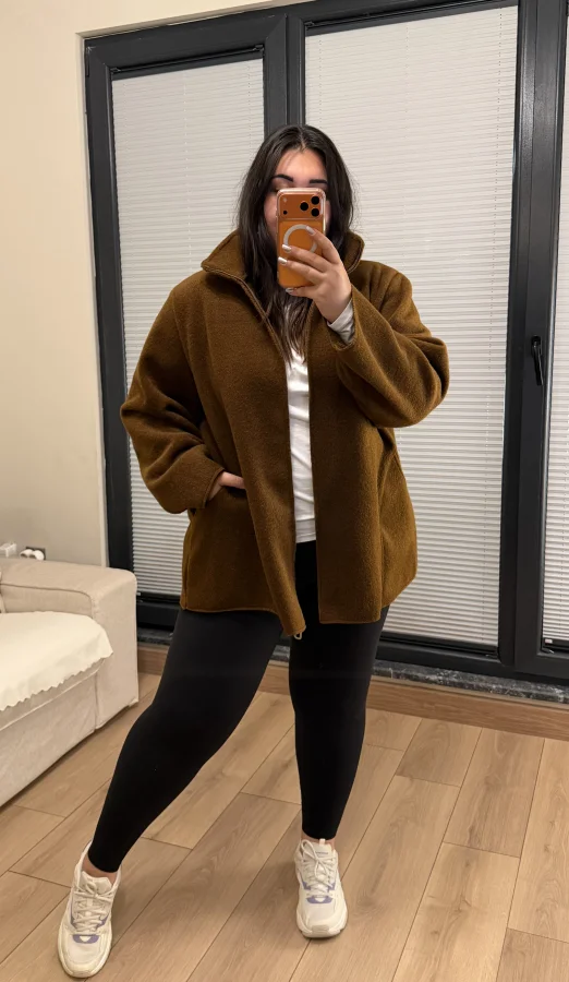 Oversize Premium Buklet Kumaş Kaban - Kahverengi