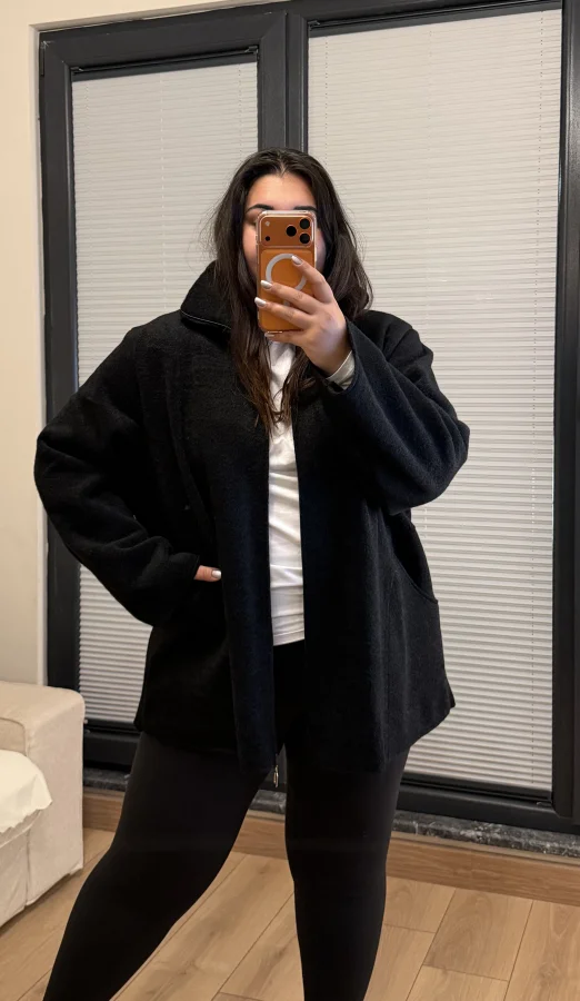 Oversize Premium Buklet Kumaş Kaban - Siyah