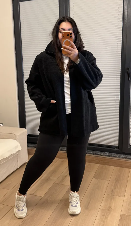 Oversize Premium Buklet Kumaş Kaban - Siyah