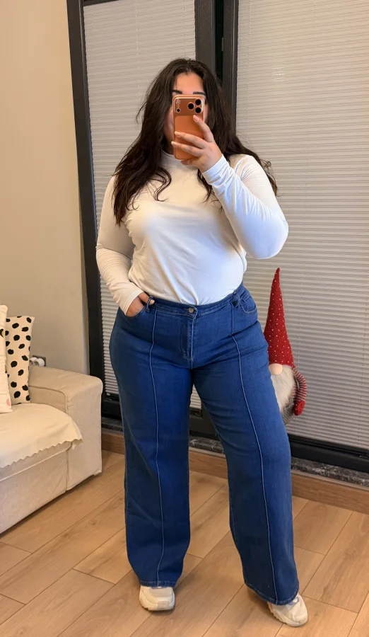 Palazzo Önden Dikişli Yüksek Bel Likralı Kot Pantolon - Açık Mavi