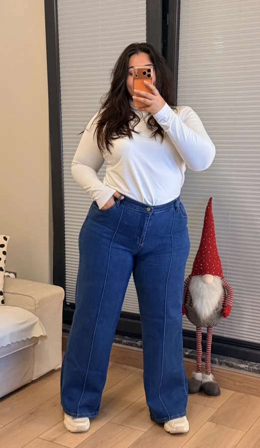 Palazzo Önden Dikişli Yüksek Bel Likralı Kot Pantolon - Açık Mavi