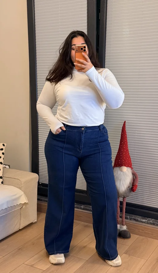 Palazzo Önden Dikişli Yüksek Bel Likralı Kot Pantolon - Lacivert