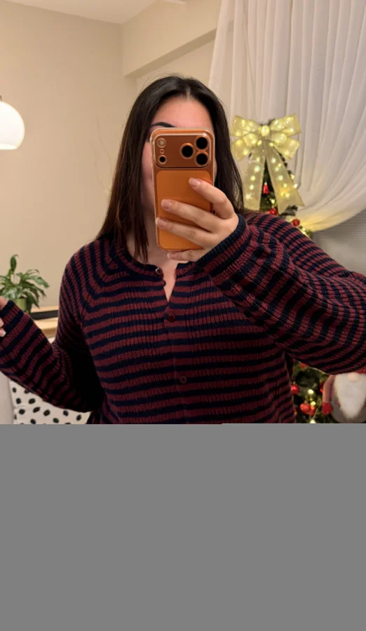 Premium Çizgili Düğmeli Triko Hırka - Bordo Çizgili