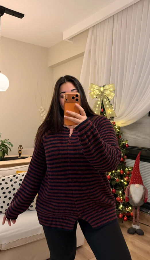 Premium Çizgili Düğmeli Triko Hırka - Bordo Çizgili