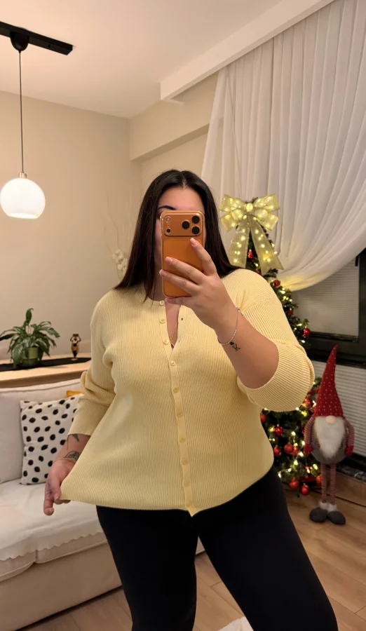 Premium Çizgili Düğmeli Triko Hırka - Sarı