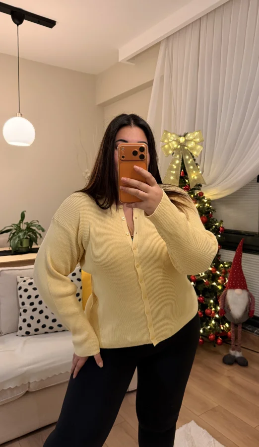 Premium Çizgili Düğmeli Triko Hırka - Sarı