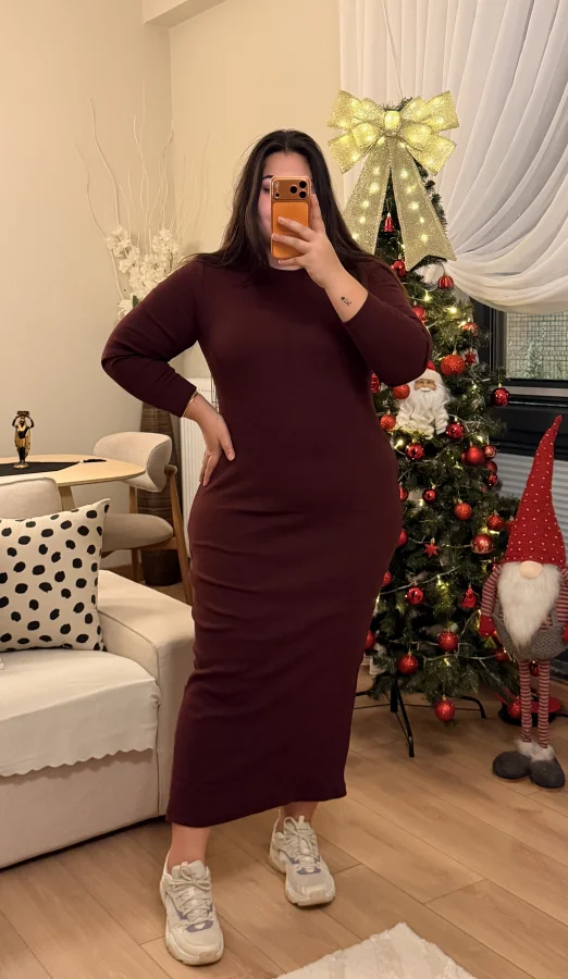 Tam Boy Esnek Triko Elbise - Bordo