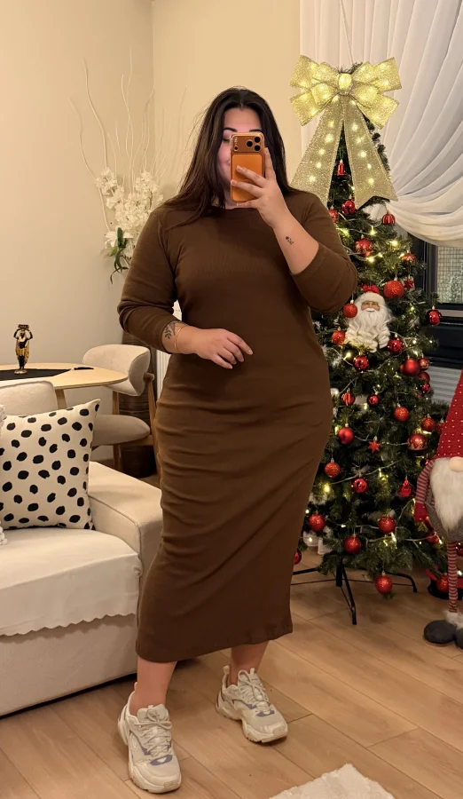 Tam Boy Esnek Triko Elbise - Kahverengi