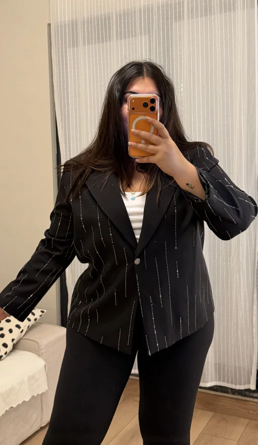Taş Detaylı Premium Astarlı Blazer Ceket - Siyah