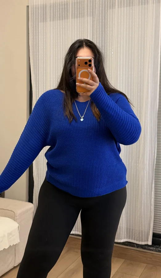 V Yaka Esnek Selanik Triko Bluz - Mavi