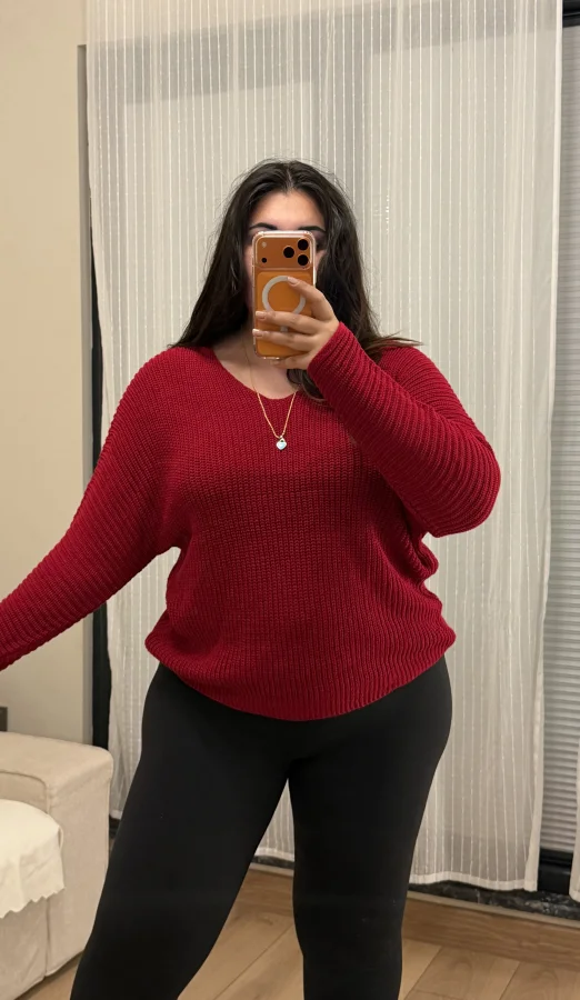 V Yaka Esnek Selanik Triko Bluz - Kırmızı