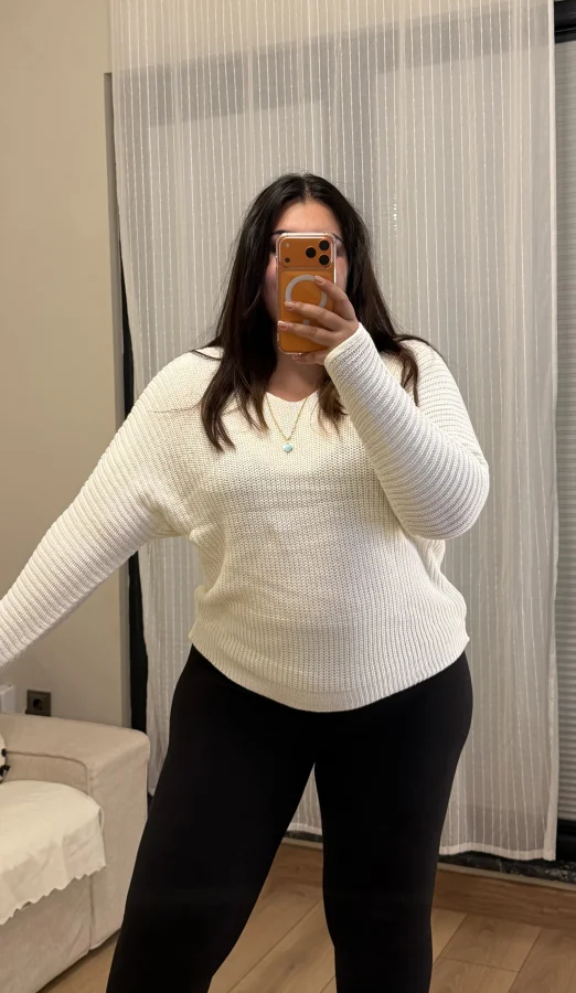 V Yaka Esnek Selanik Triko Bluz - Beyaz