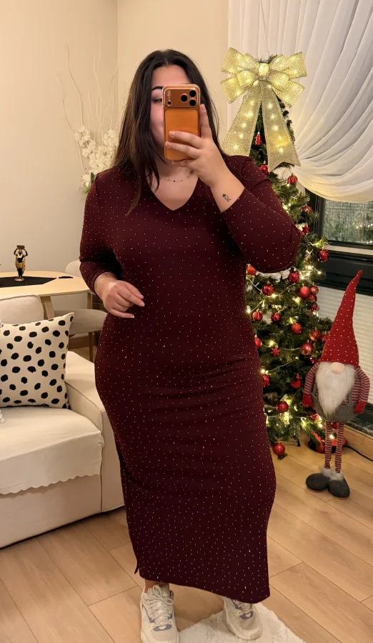 V Yaka Zara Krep Shiine Elbise - Bordo