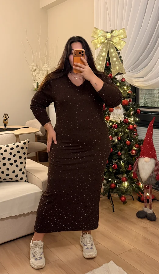 V Yaka Zara Krep Shine Elbise - Kahverengi