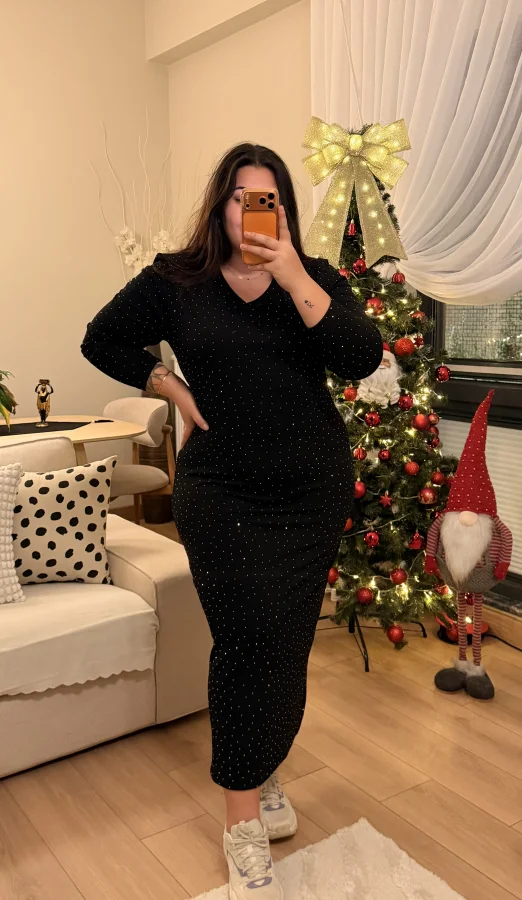 V Yaka Zara Krep Shine Elbise - Siyah