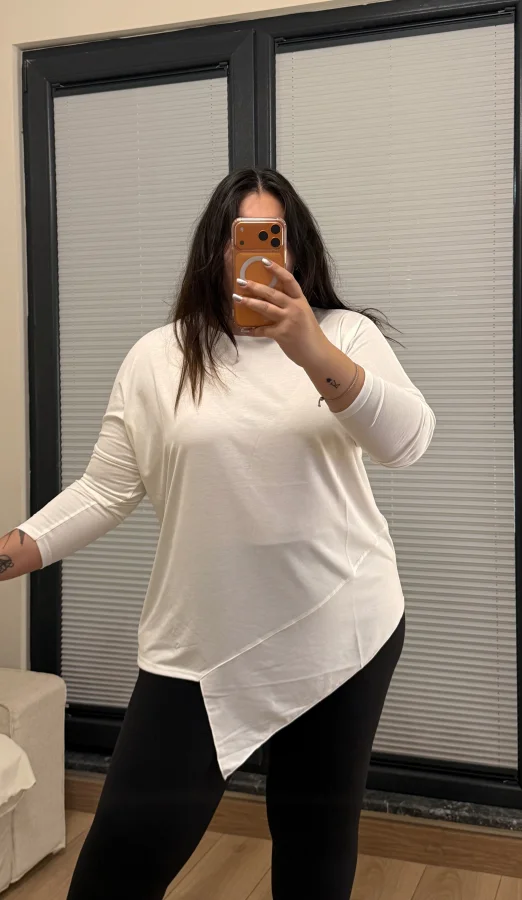 Yarım Asimetrik Modal Kumaş Esnek Bluz - Beyaz