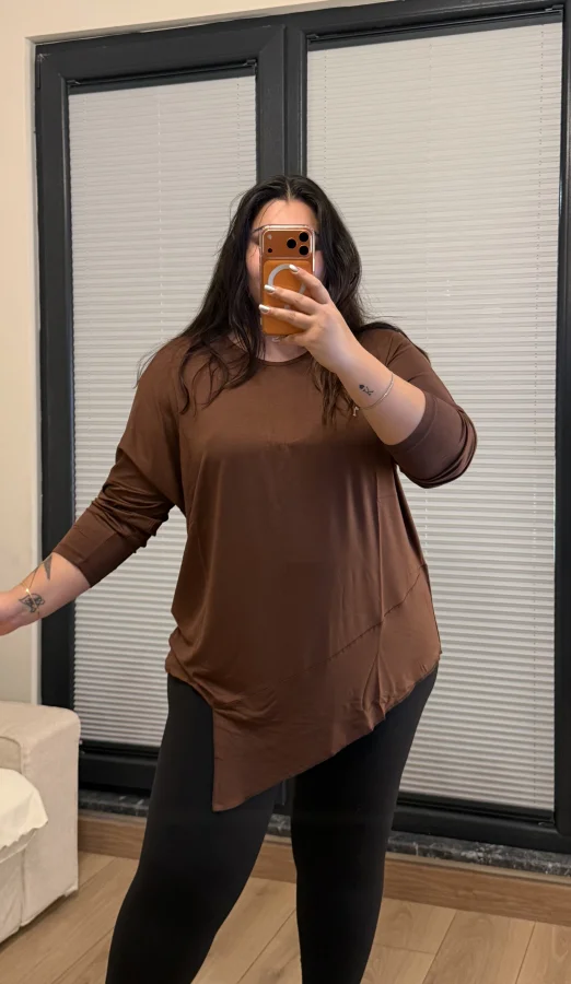 Yarım Asimetrik Modal Kumaş Esnek Bluz - Kahverengi