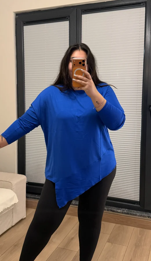 Yarım Asimetrik Modal Kumaş Esnek Bluz - Saks Mavi