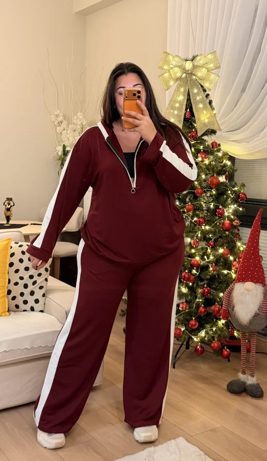Yarım Fermuarlı Şeritli Kapüşonlu Takım - Bordo