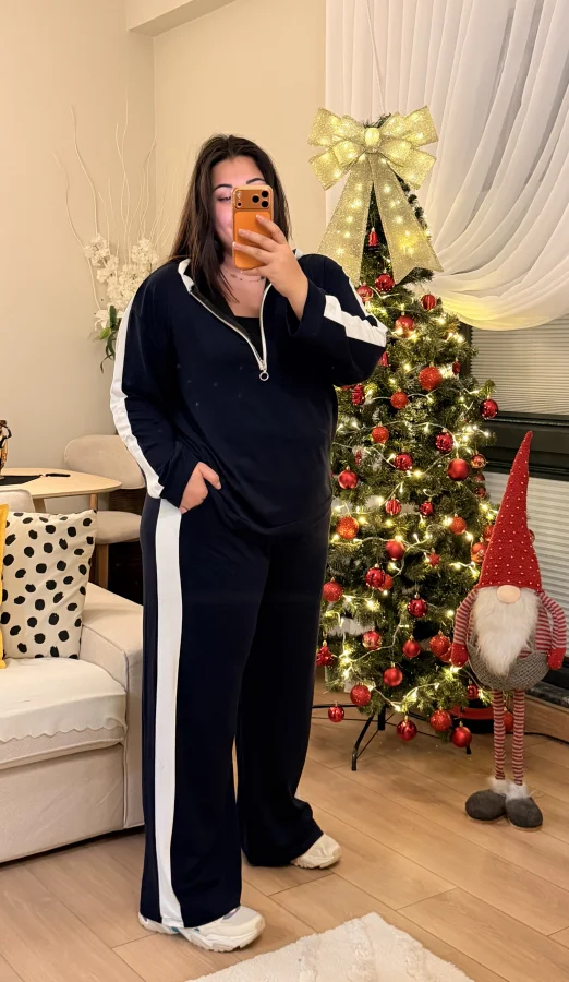 Yarım Fermuarlı Şeritli Kapüşonlu Takım - Lacivert