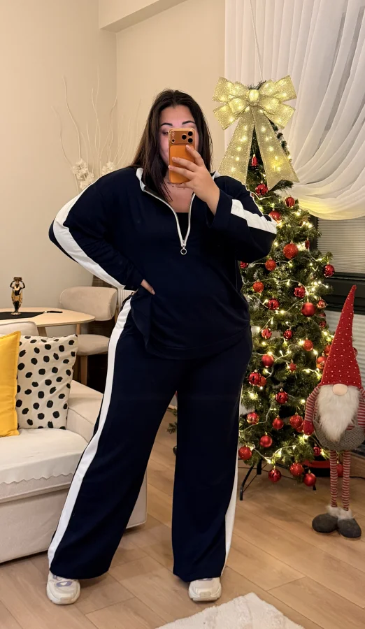 Yarım Fermuarlı Şeritli Kapüşonlu Takım - Lacivert