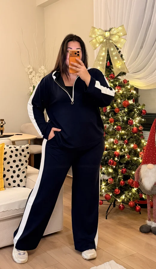 Yarım Fermuarlı Şeritli Kapüşonlu Takım - Lacivert