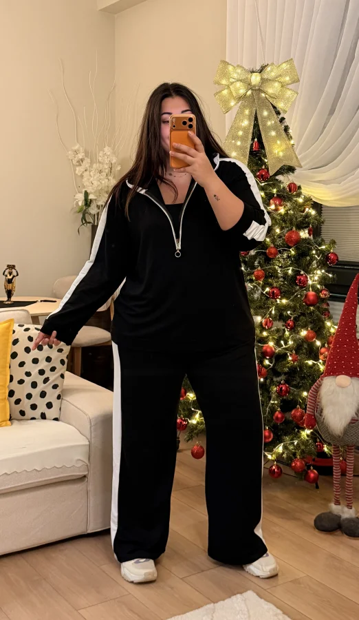 Yarım Fermuarlı Şeritli Kapüşonlu Takım - Siyah